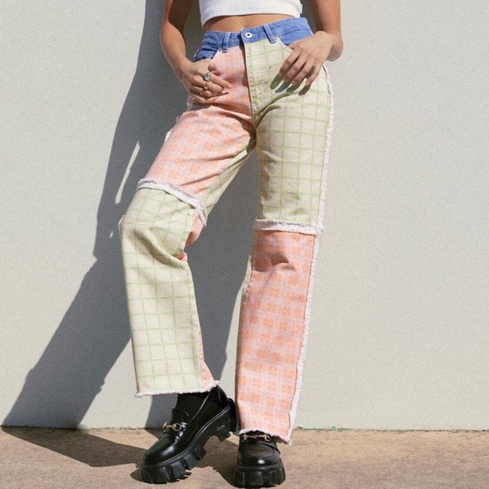 THE RAGGED PRIEST Pink & Green Plaid Patchwork Jeans, size 32